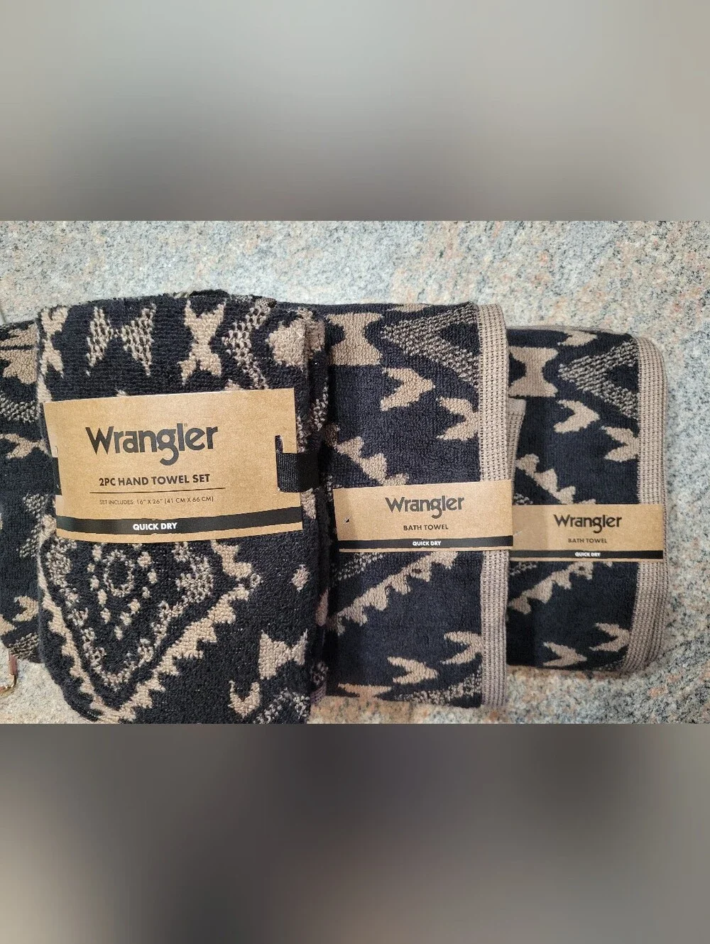 Wrangler Black and Tan Southwestern Hand Towel Set Buck Aztec 2 Bath 2 Hand